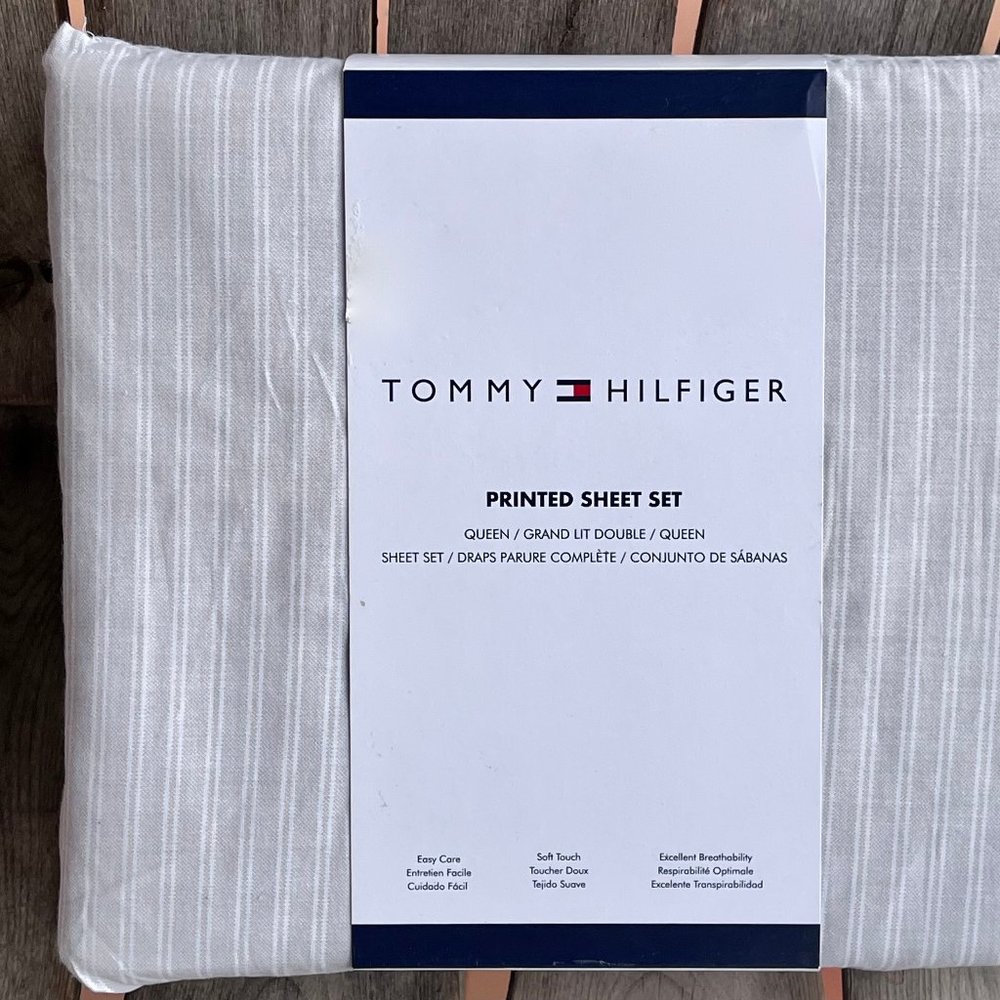 Tommy Hilfiger QUEEN Size Sheet Set - GRAY & WHITE Stripes Cotton Blend